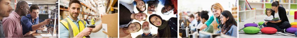 A broad range of adult learners shown in a variety of work and learning environments
